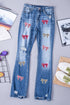 Blue Sequin Bowknot Print Distressed Flared Jeans
